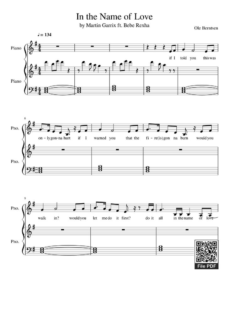 Page 1 of the piano sheet music PDF Piano - In the Name of Love Piano by Ole Berntsen
