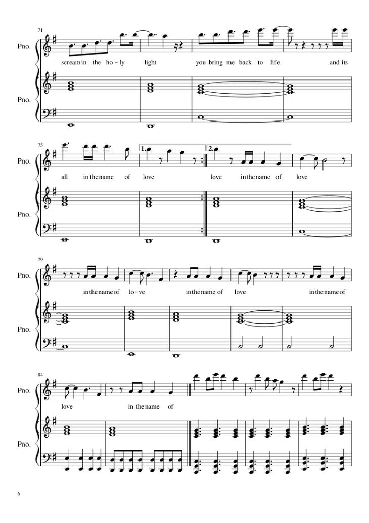 Page 6 of the piano sheet music PDF Piano - In the Name of Love Piano by Ole Berntsen