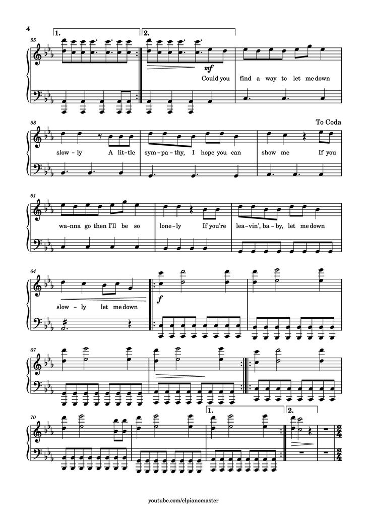 Page 4 of the piano sheet music PDF Piano - Let Me Down Slowly Piano by Transcribed by El Piano Master