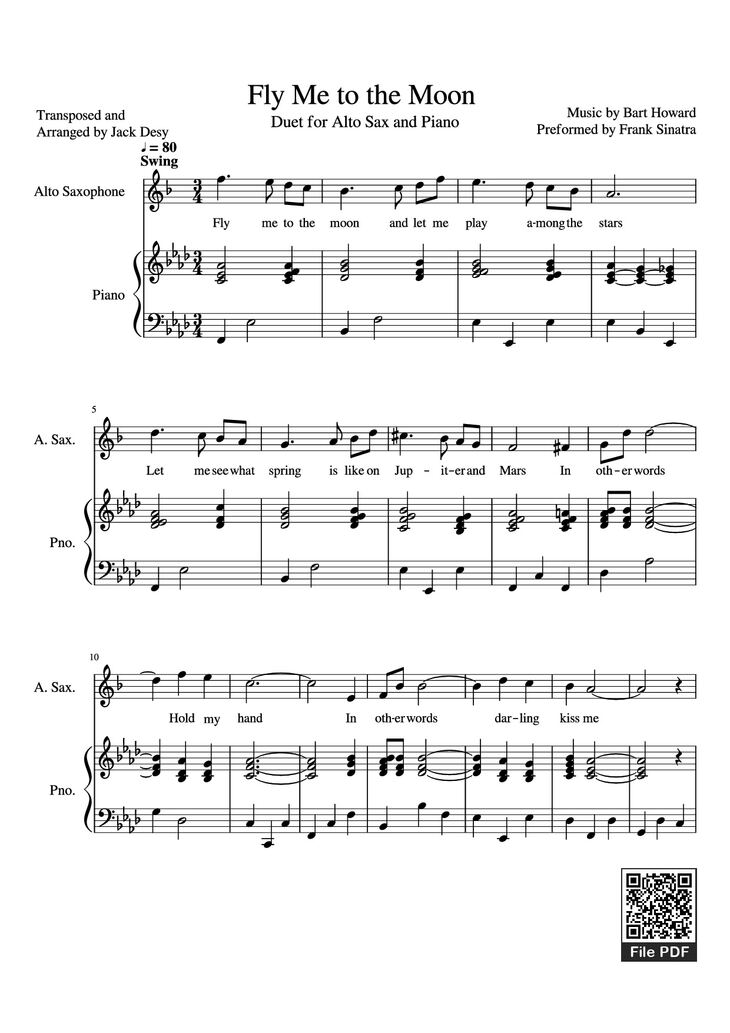 Page 1 of the piano sheet music PDF Piano - Fly Me to the Moon Piano by Music by Bart Howard Preformed by Frank Sinatra