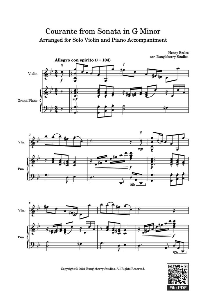 Page 1 of the piano sheet music PDF Piano - Courante from Sonata in G Minor Piano by Henry Eccles