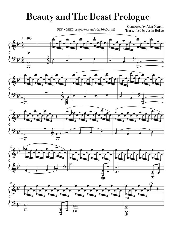 Page 1 of the piano sheet music PDF Piano - Beauty and The Beast Prologue Piano by Composed by Alan Menkin