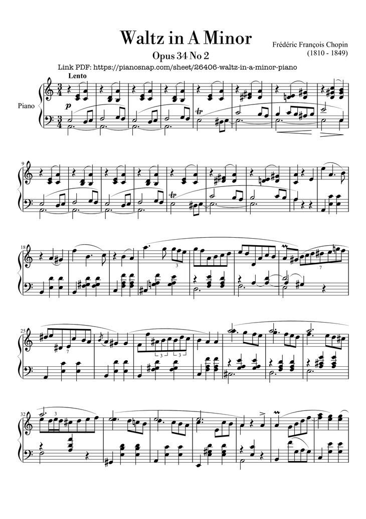 Sheet music preview — Waltz In A Minor Piano