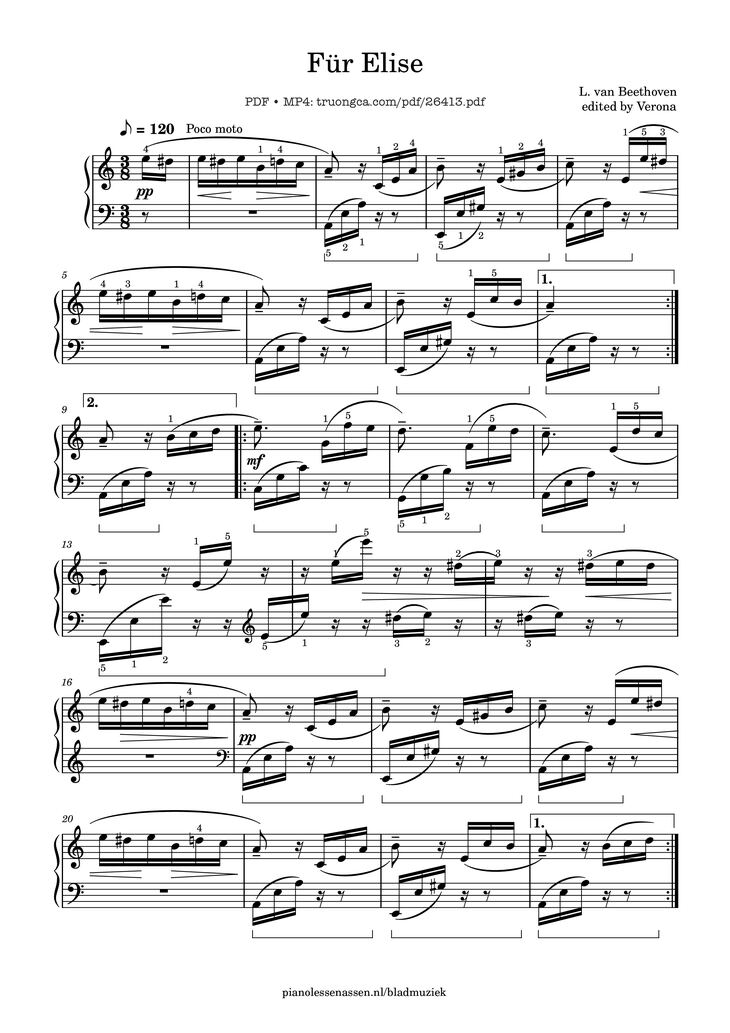 Page 1 of the piano sheet music PDF Piano - Für Elise Piano With fingering by L. van Beethoven