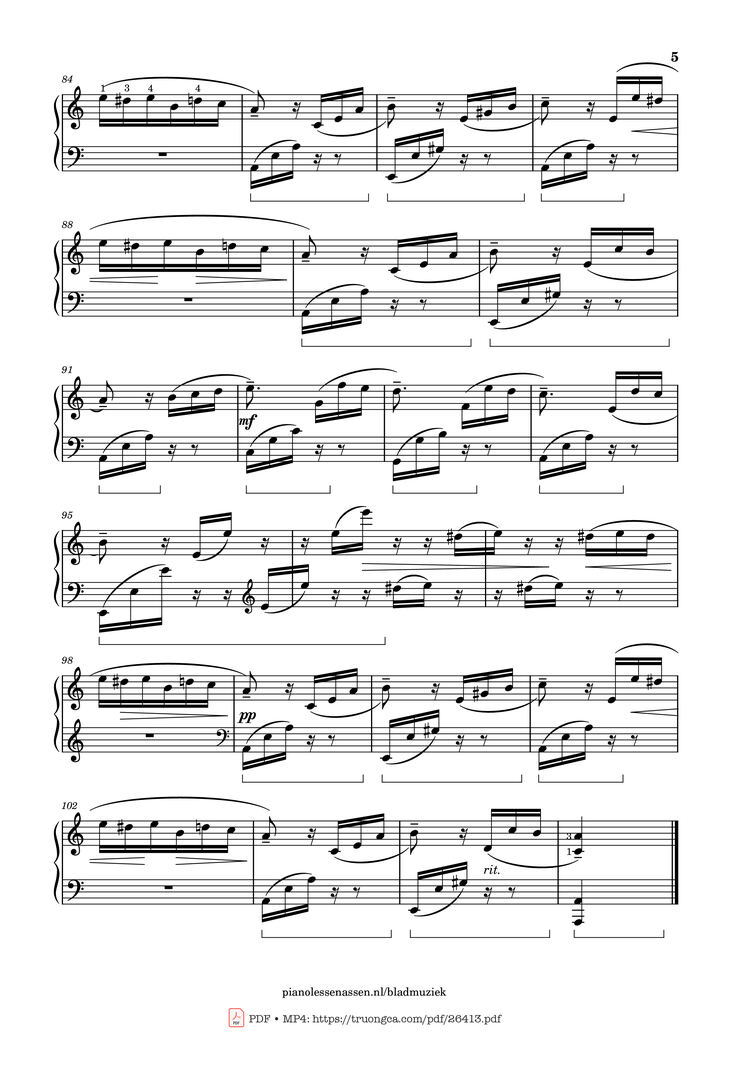 Page 5 of the piano sheet music PDF Piano - Für Elise Piano With fingering by L. van Beethoven