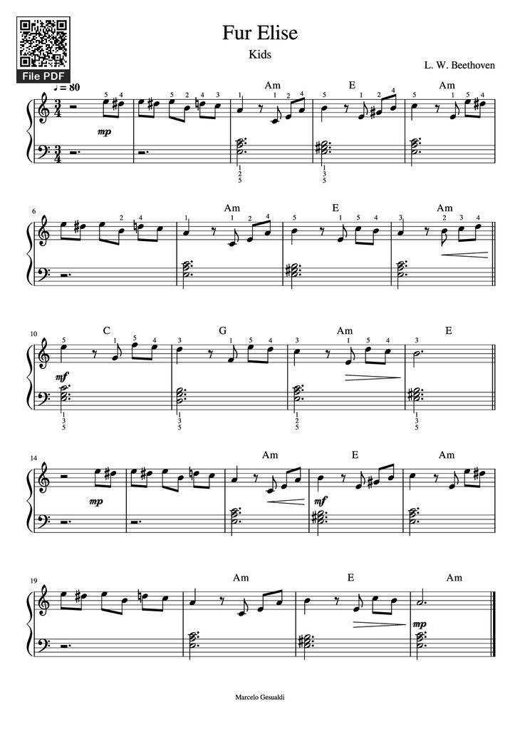 Page 1 of the piano sheet music PDF Piano - Fur Elise Piano by L. W. Beethoven