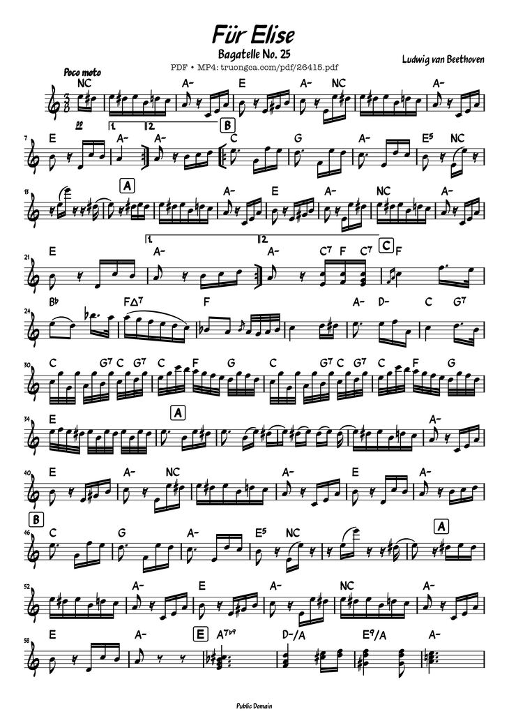 Page 1 of the piano sheet music PDF Piano - Für Elise (Lead sheet) by Ludwig van Beethoven