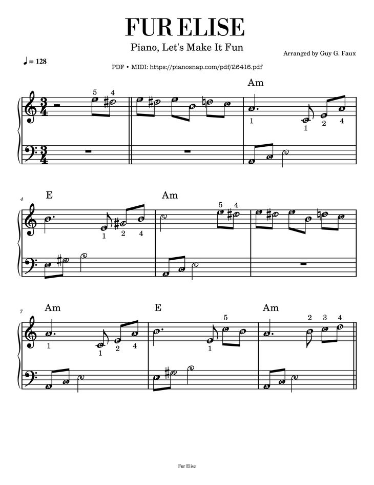 Page 1 of the piano sheet music PDF Piano - Fur Elise Piano Easy For Kid (With note name) by Arranged by Guy G. Faux