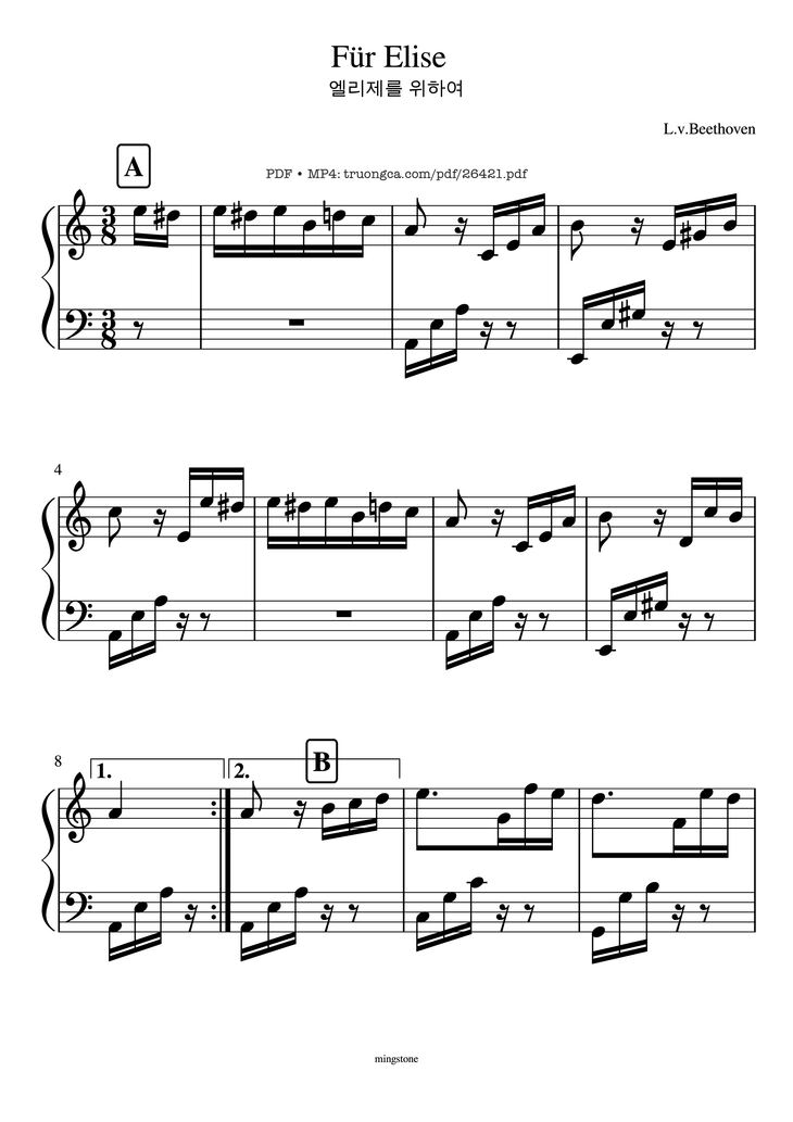 Page 1 of the piano sheet music PDF Piano - Für Elise (Easy) by L.v.Beethoven