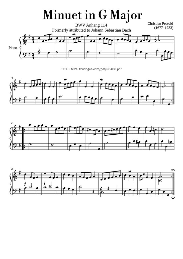 Page 1 of the piano sheet music PDF Piano - Minuet in G Major Piano by Christian Petzold