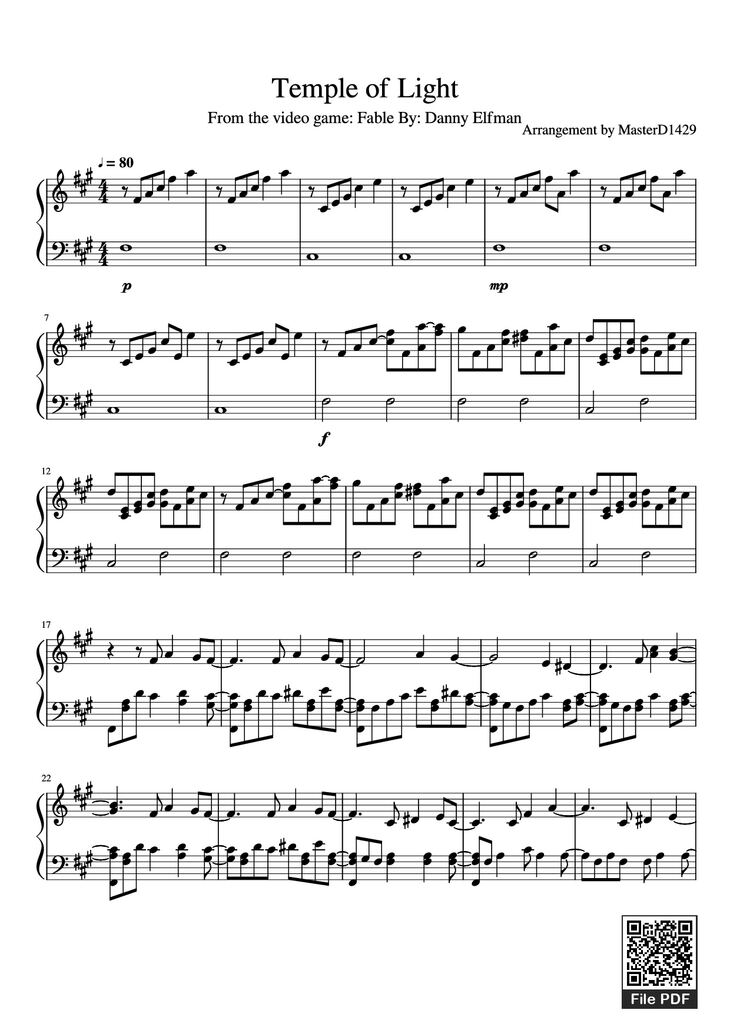 Page 1 of the piano sheet music PDF Piano - Temple of Light Piano by Arrangement by MasterD1429