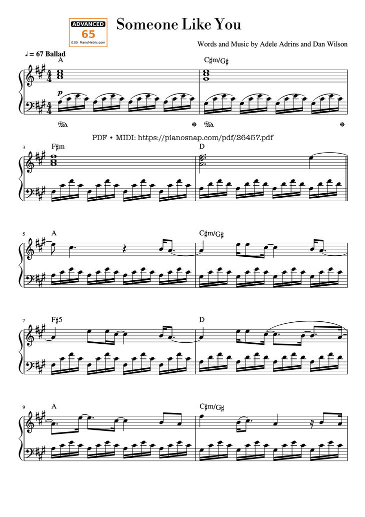 Page 1 of the piano sheet music PDF Piano - Someone Like You Piano by Words and Music by Adele Adrins and Dan Wilson