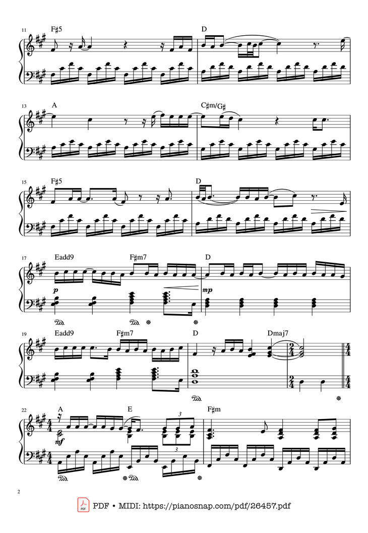 Page 2 of the piano sheet music PDF Piano - Someone Like You Piano by Words and Music by Adele Adrins and Dan Wilson