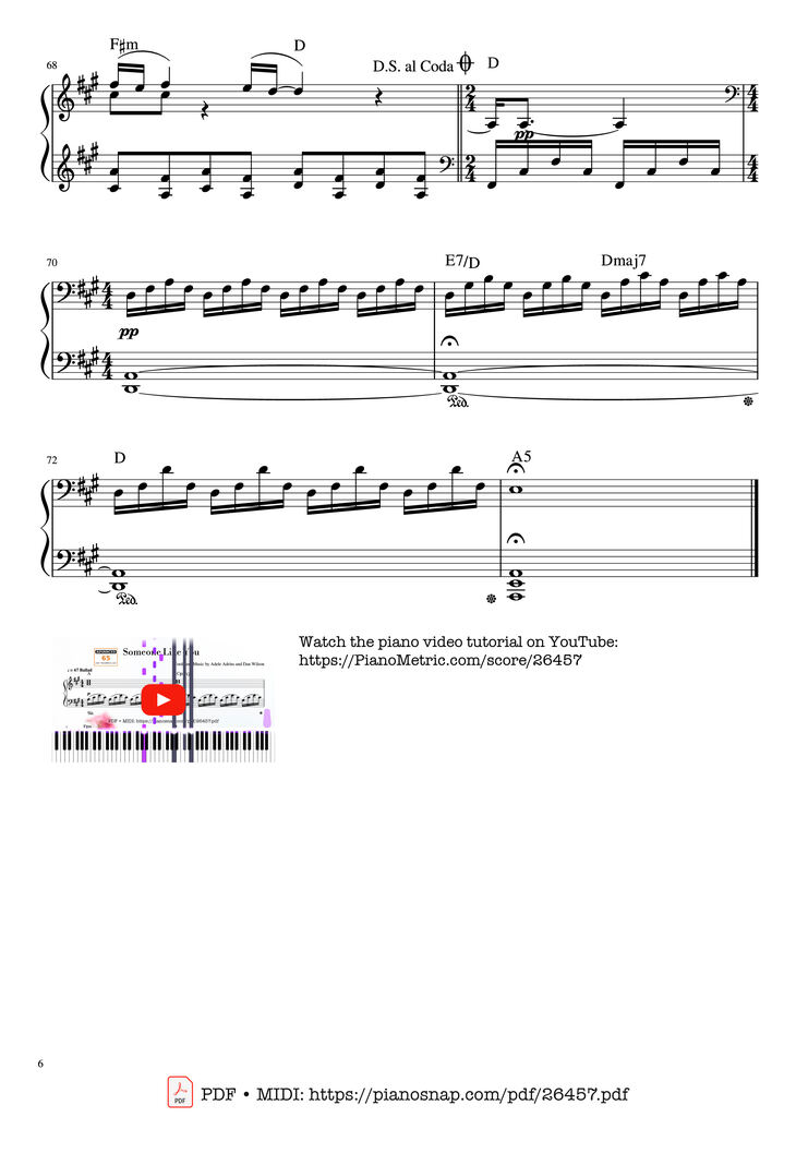 Page 6 of the piano sheet music PDF Piano - Someone Like You Piano by Words and Music by Adele Adrins and Dan Wilson