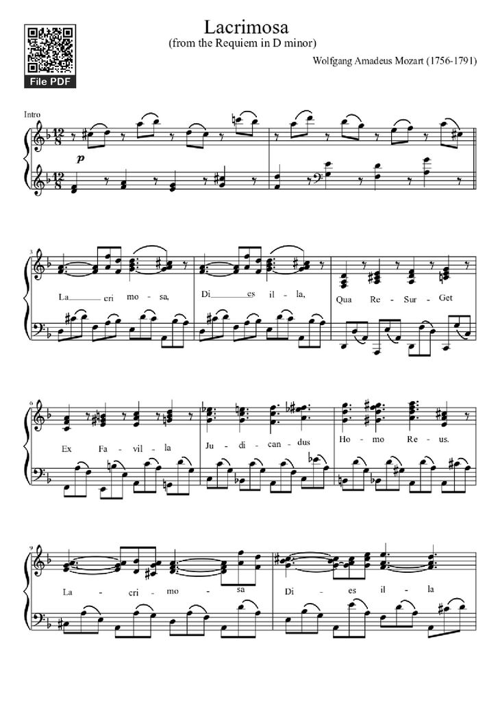 Page 1 of the piano sheet music PDF Piano - Lacrimosa Piano by Wolfgang Amadeus Mozart (1756-1791