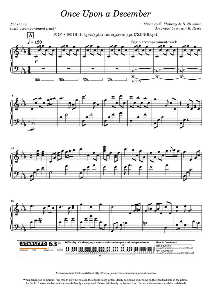 Page 1 of the piano sheet music PDF - Once Upon a December Piano by Music by S. Flaherty & D. Newman