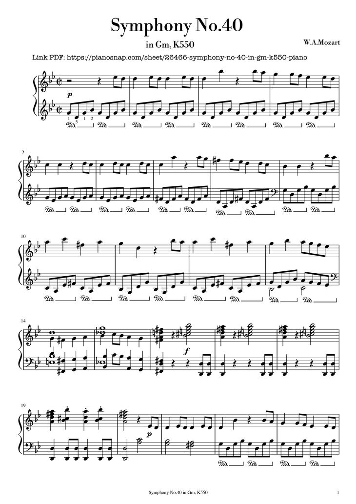 Page 1 of the piano sheet music PDF Piano - Symphony No.40 in Gm, K550 Piano by W.A.Mozart
