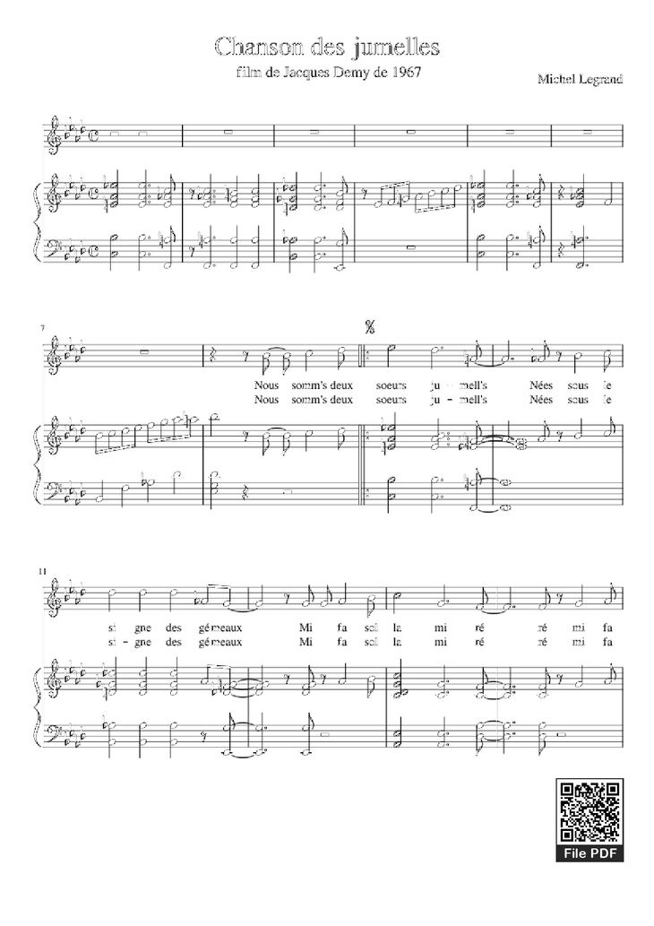 Page 1 of the piano sheet music PDF Piano - Chanson des jumelles Piano by Michel Legrand