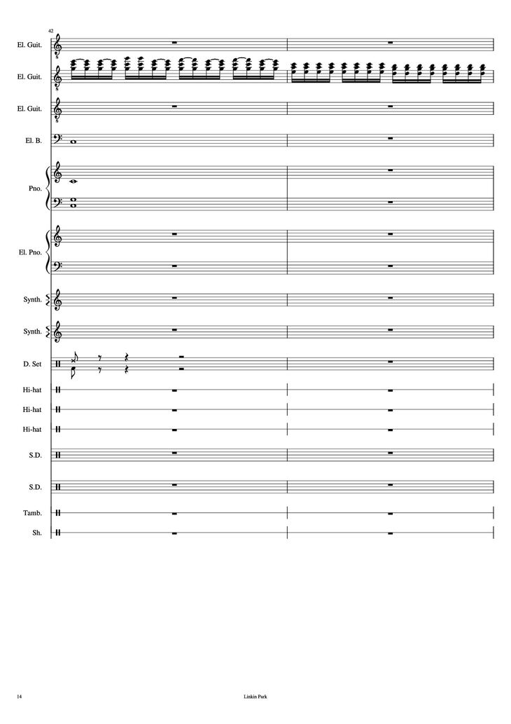 Page 14 of the piano sheet music PDF Piano Guitar Tab - Iridescent Piano by Linkin Park