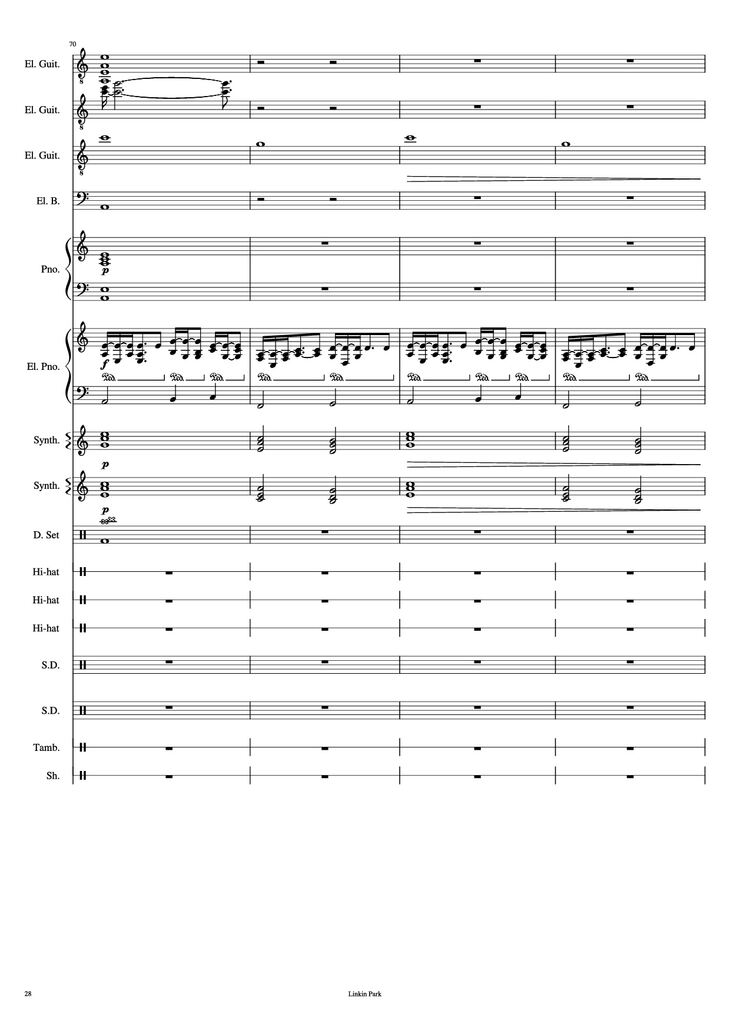 Page 28 of the piano sheet music PDF Piano Guitar Tab - Iridescent Piano by Linkin Park