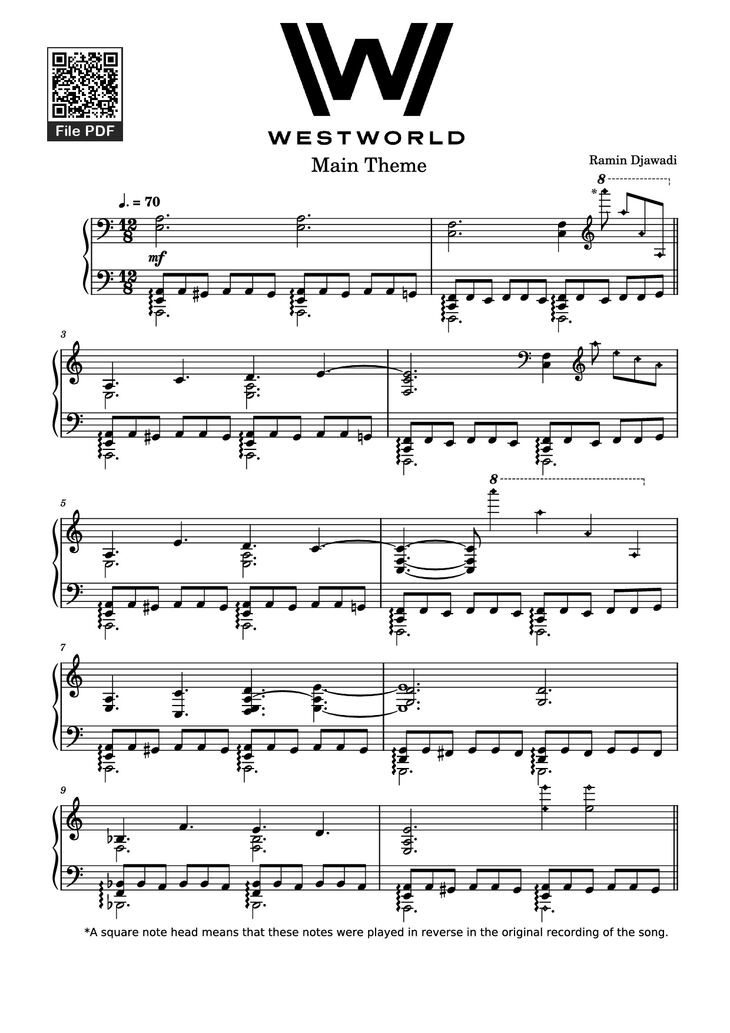 Page 1 of the piano sheet music PDF Piano - Westworld Piano by Ramin Djawadi