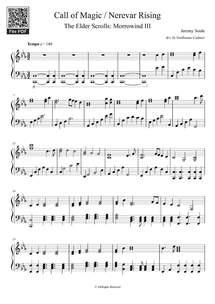 Page 1 of the piano sheet music PDF Piano - Call of Magic / Nerevar Rising Piano by Jeremy Soule