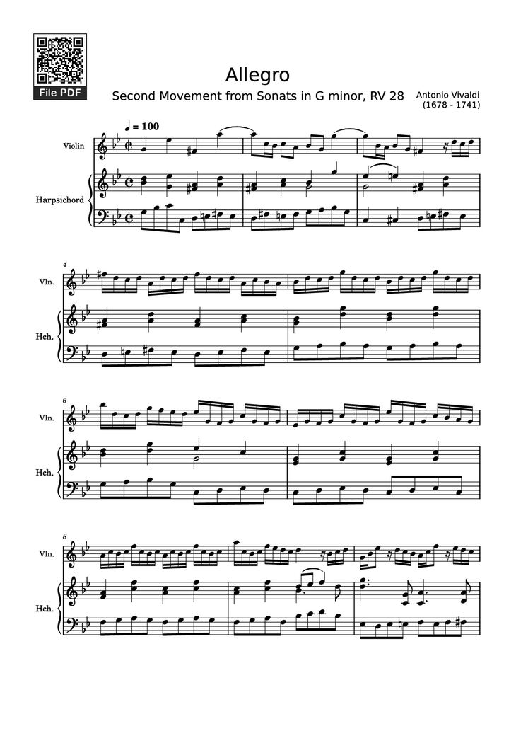 Page 1 of the piano sheet music PDF - Allegro Violin by Antonio Vivaldi