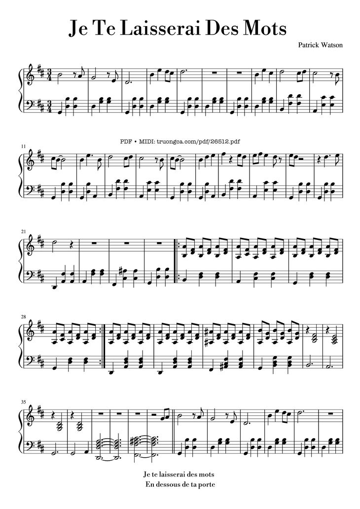 Page 1 of the piano sheet music PDF Piano - Je Te Laisserai Des Mots Piano by Patrick Watson
