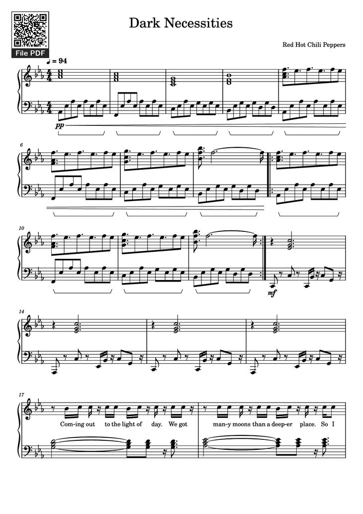 Page 1 of the piano sheet music PDF Piano - Dark Necessities Piano by Red Hot Chili Peppers
