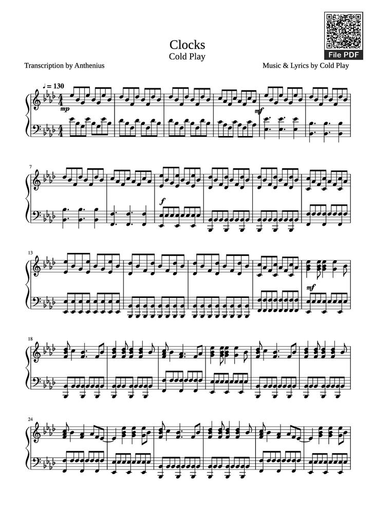 Page 1 of the piano sheet music PDF Piano - Clocks Cold Play Transcription by Anthenius Music & Lyrics by Cold Play Piano by Undefined