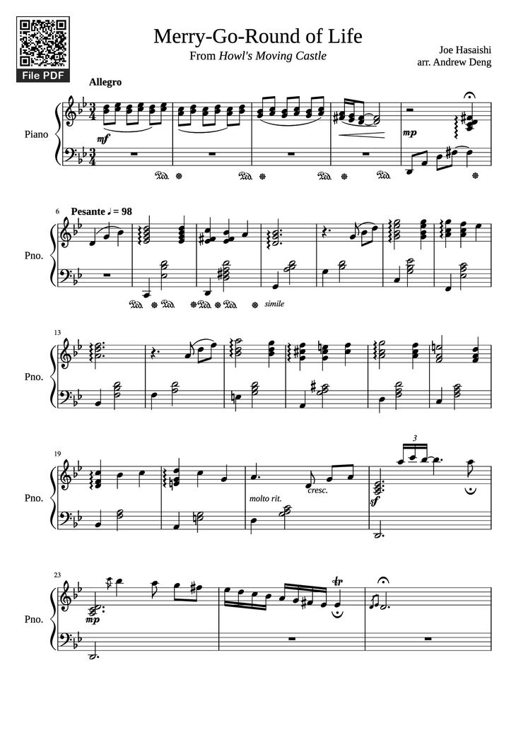 Page 1 of the piano sheet music PDF Piano - Merry-Go-Round of Life Piano by Joe Hasaishi arr. Andrew Deng