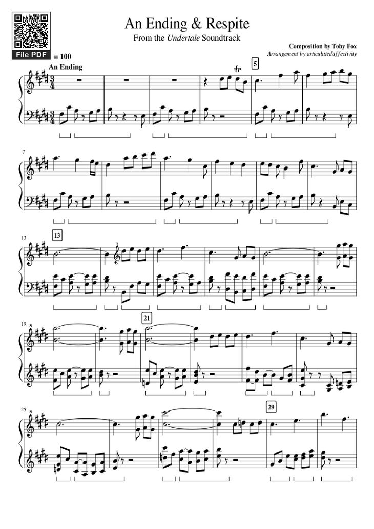 Page 1 of the piano sheet music PDF Piano - An Ending & Respite Piano by Composition by Toby Fox Arrangement by articulatedaffectivity