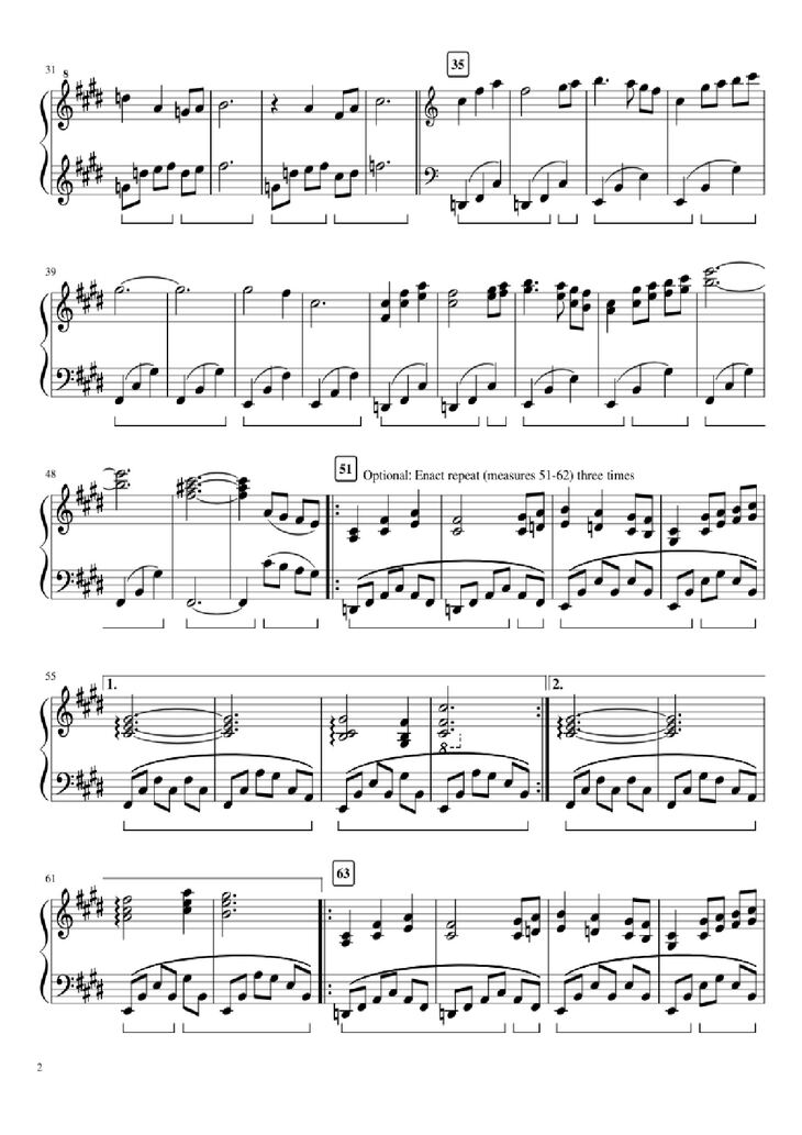 Page 2 of the piano sheet music PDF Piano - An Ending & Respite Piano by Composition by Toby Fox Arrangement by articulatedaffectivity