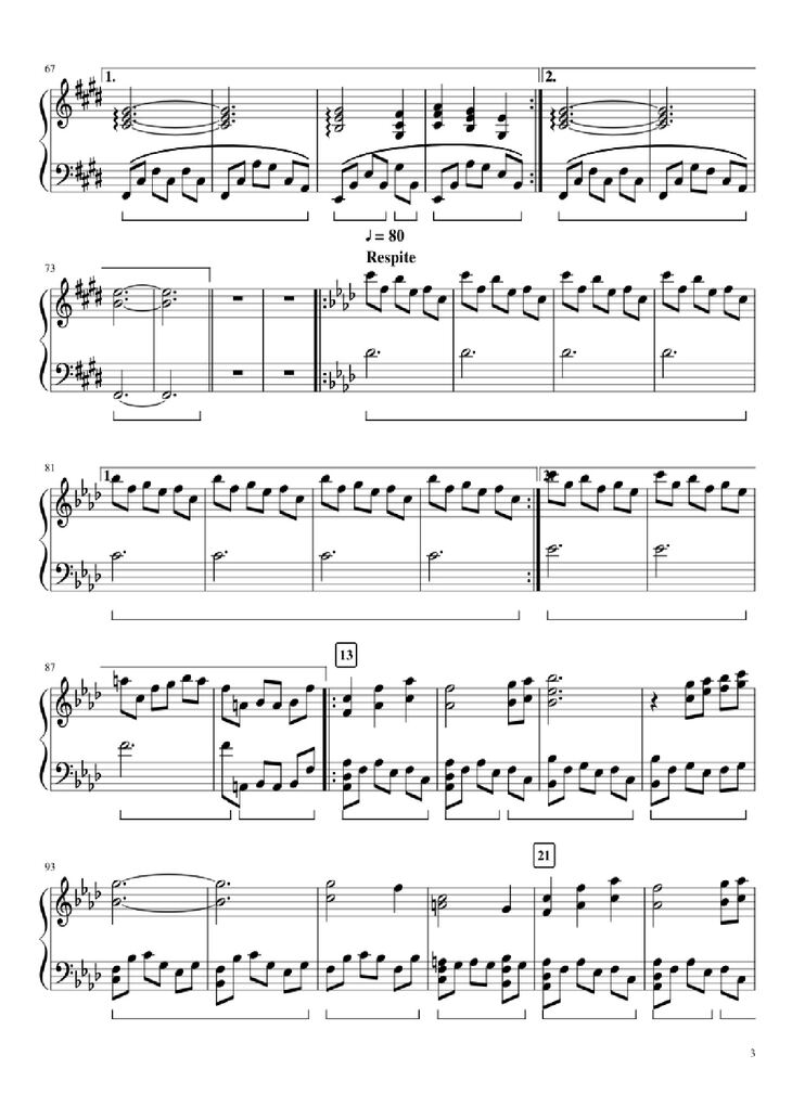 Page 3 of the piano sheet music PDF Piano - An Ending & Respite Piano by Composition by Toby Fox Arrangement by articulatedaffectivity