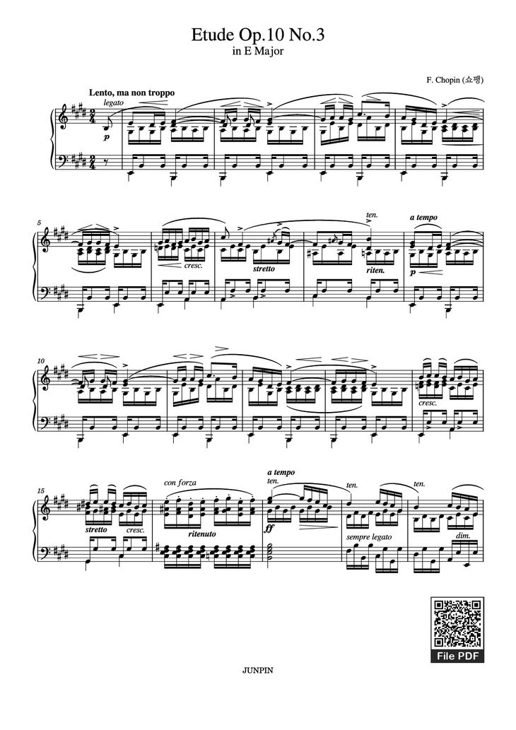 Page 1 of the piano sheet music PDF - Etude Op.10 No.3 in E Major by Chopin