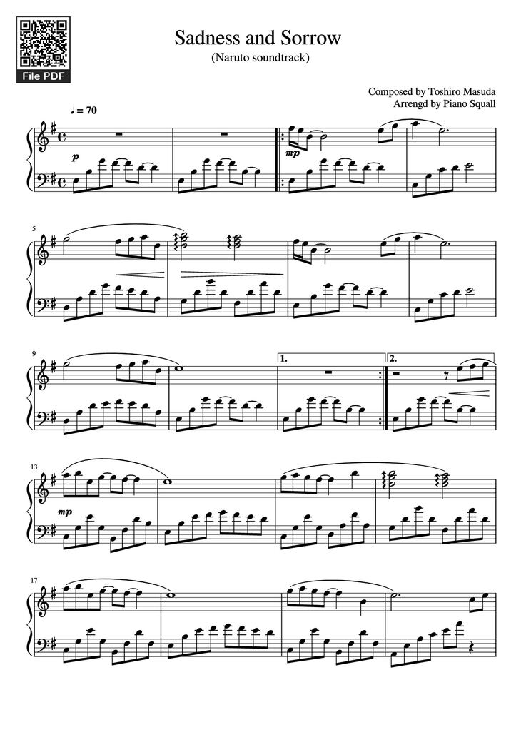 Page 1 of the piano sheet music PDF Piano - Sadness and Sorrow Piano by Composed by Toshiro Masuda