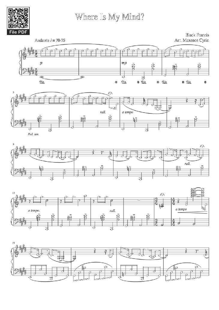 Page 1 of the piano sheet music PDF - Where Is My Mind? Piano by Black Francis Arr. Maxence Cyrin