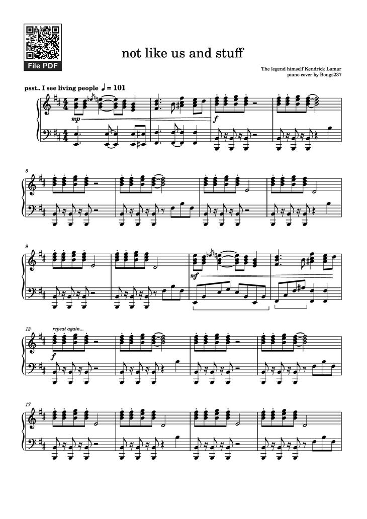Page 1 of the piano sheet music PDF Piano - not like us and stuff Piano by The legend himself Kendrick Lamar