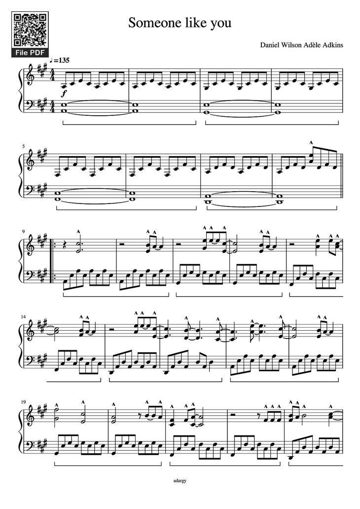 Page 1 of the piano sheet music PDF Piano - Someone like you Piano by Daniel Wilson Adèle Adkins