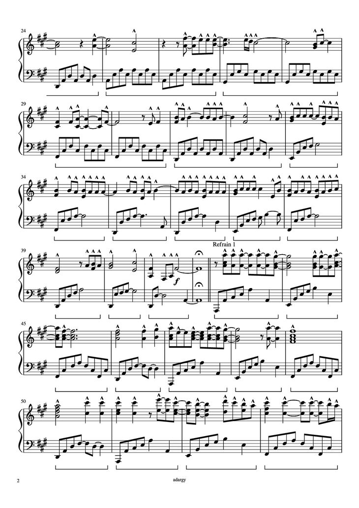 Page 2 of the piano sheet music PDF Piano - Someone like you Piano by Daniel Wilson Adèle Adkins