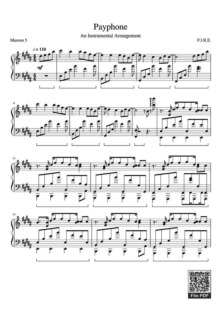 Page 1 of the piano sheet music PDF - Payphone Piano by F.I.R.E