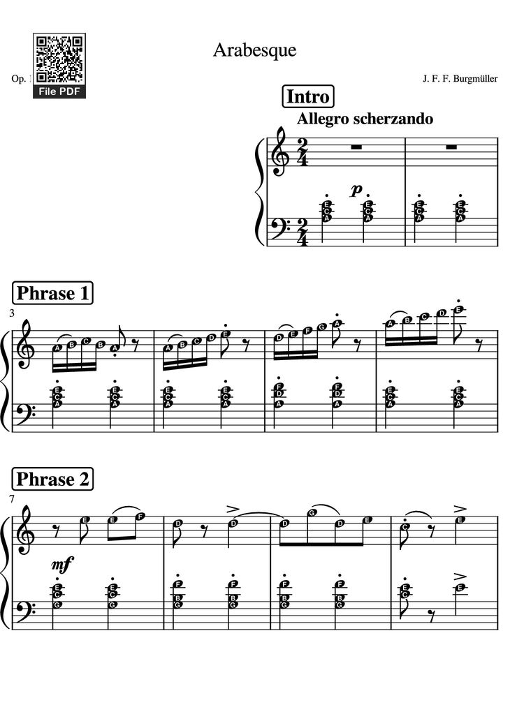 Page 1 of the piano sheet music PDF - Arabesque Op. 100 by Burgmuller