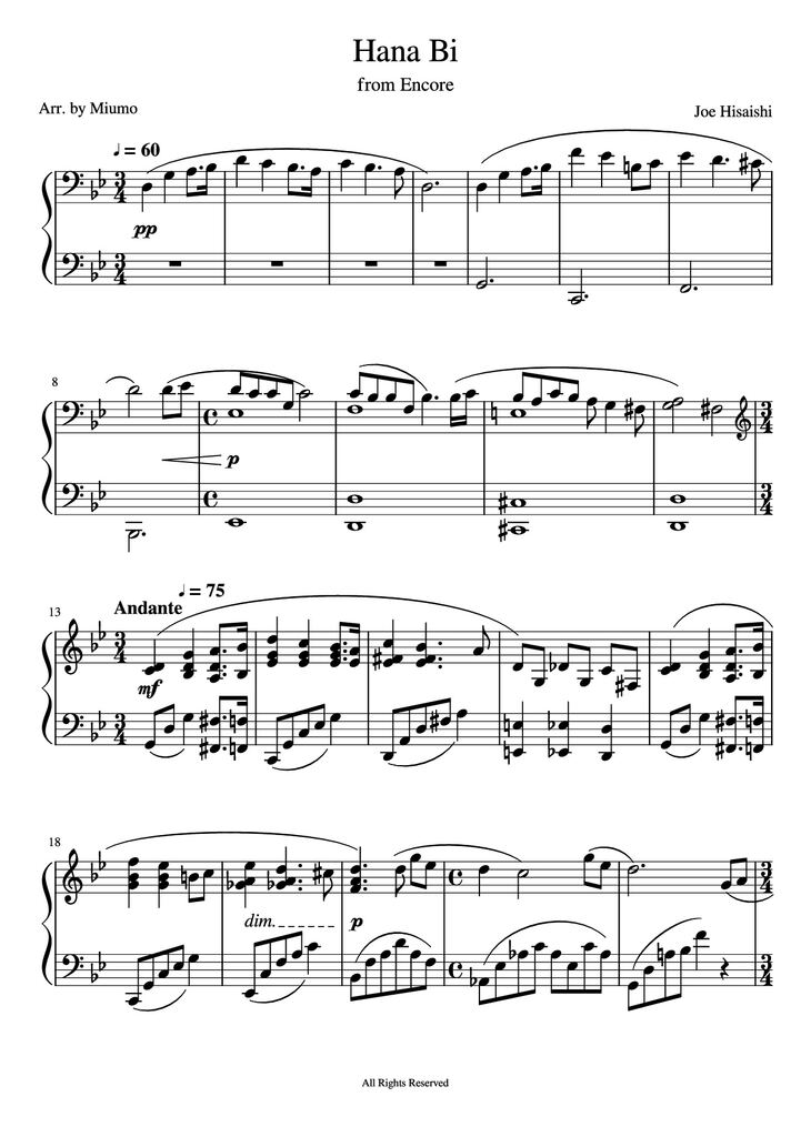 Page 1 of the piano sheet music PDF Piano - Hana Bi Piano by Joe Hisaishi
