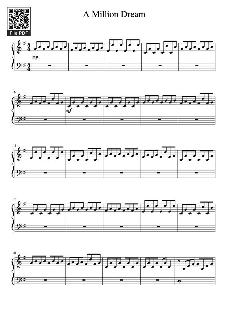 Page 1 of the piano sheet music PDF Piano - A Million Dream Piano by Undefined