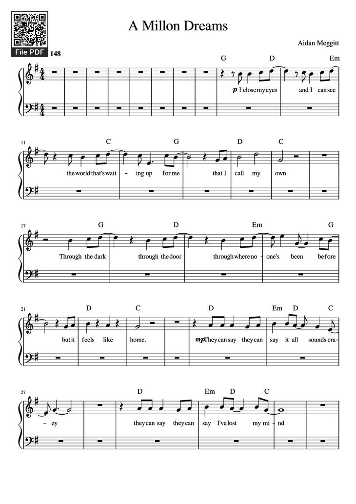 Page 1 of the piano sheet music PDF Piano - A Millon Dreams Piano by Aidan Meggitt