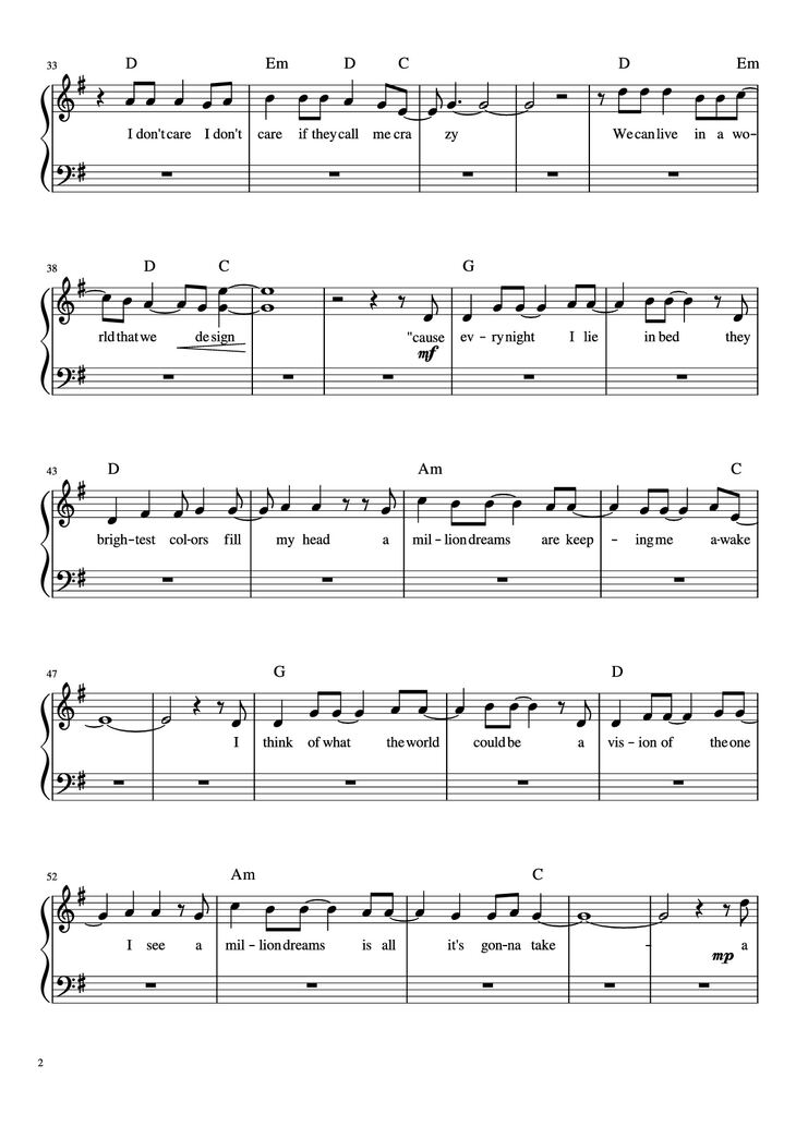 Page 2 of the piano sheet music PDF Piano - A Millon Dreams Piano by Aidan Meggitt