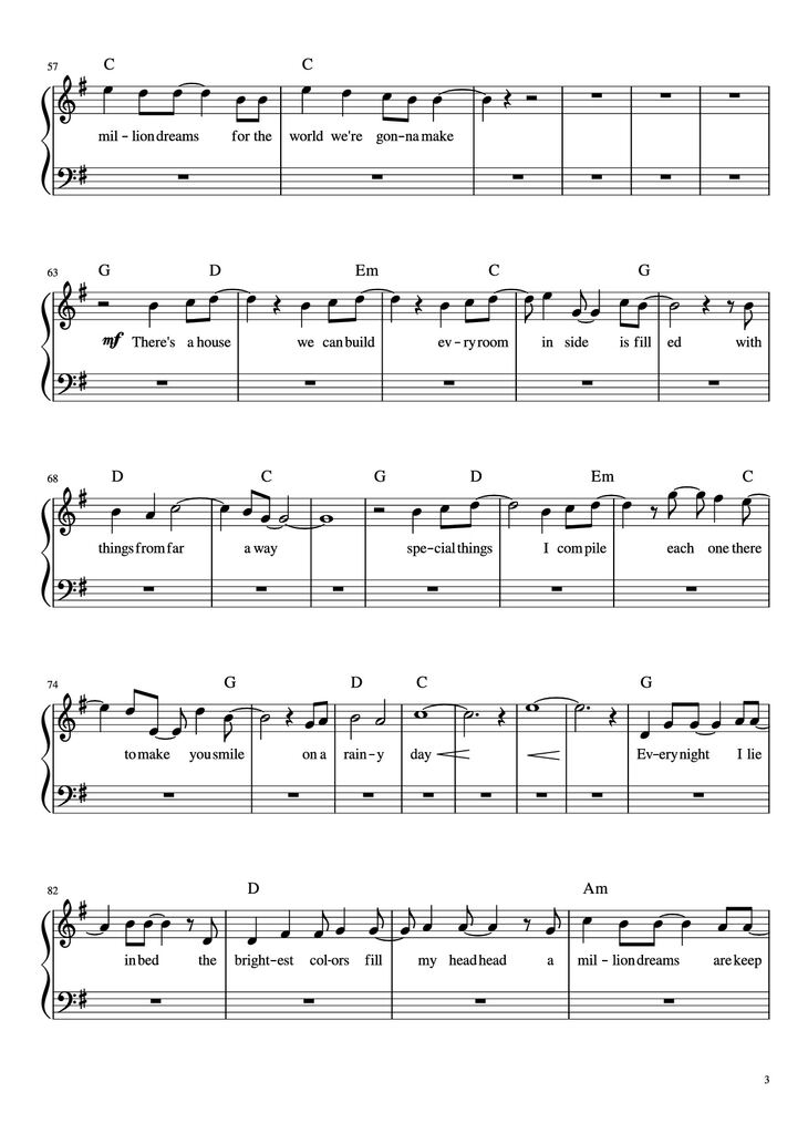 Page 3 of the piano sheet music PDF Piano - A Millon Dreams Piano by Aidan Meggitt