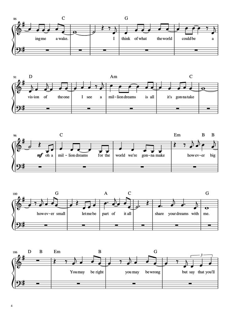 Page 4 of the piano sheet music PDF Piano - A Millon Dreams Piano by Aidan Meggitt