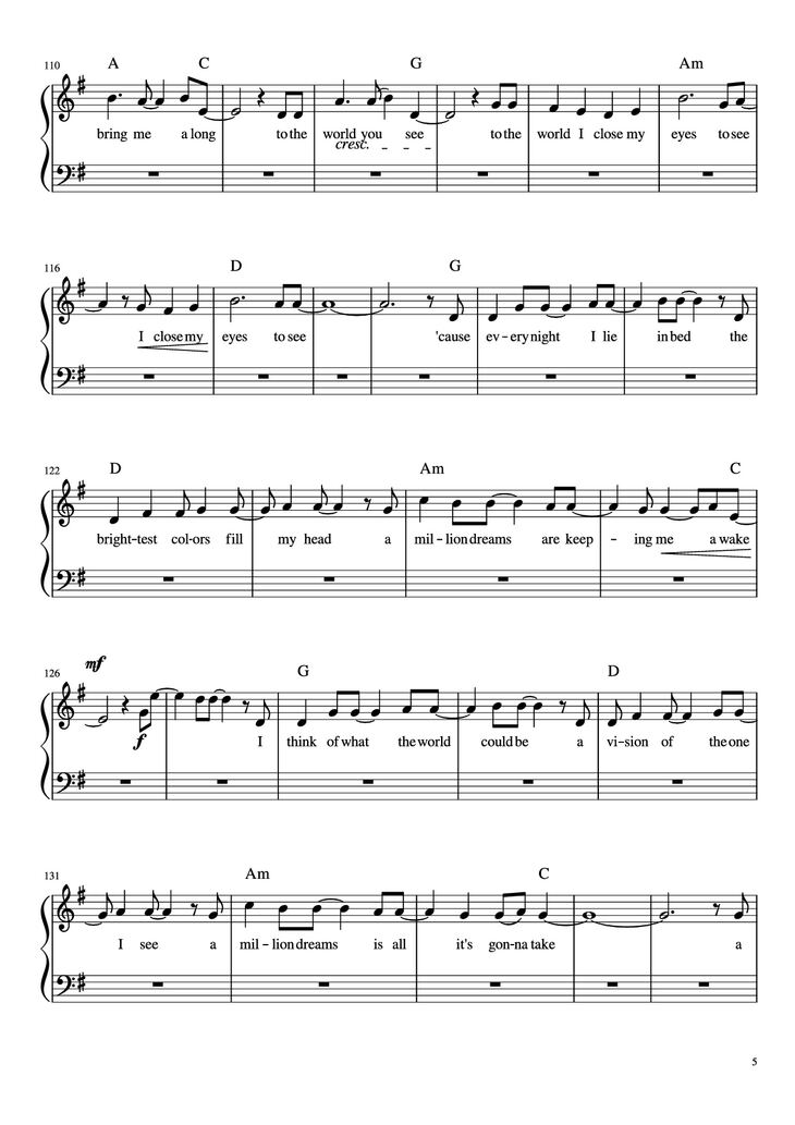 Page 5 of the piano sheet music PDF Piano - A Millon Dreams Piano by Aidan Meggitt