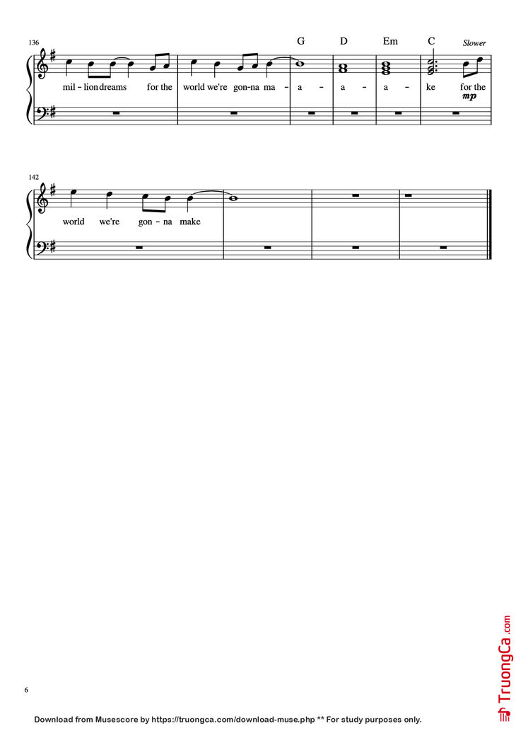 Page 6 of the piano sheet music PDF Piano - A Millon Dreams Piano by Aidan Meggitt